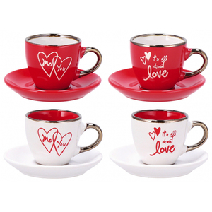 Set di 4 Tazze da Caffè in Ceramica Ador con Design a Cuori Rossi e Bianchi, Regalo di San Valentino per Coppie - Product Image 1
