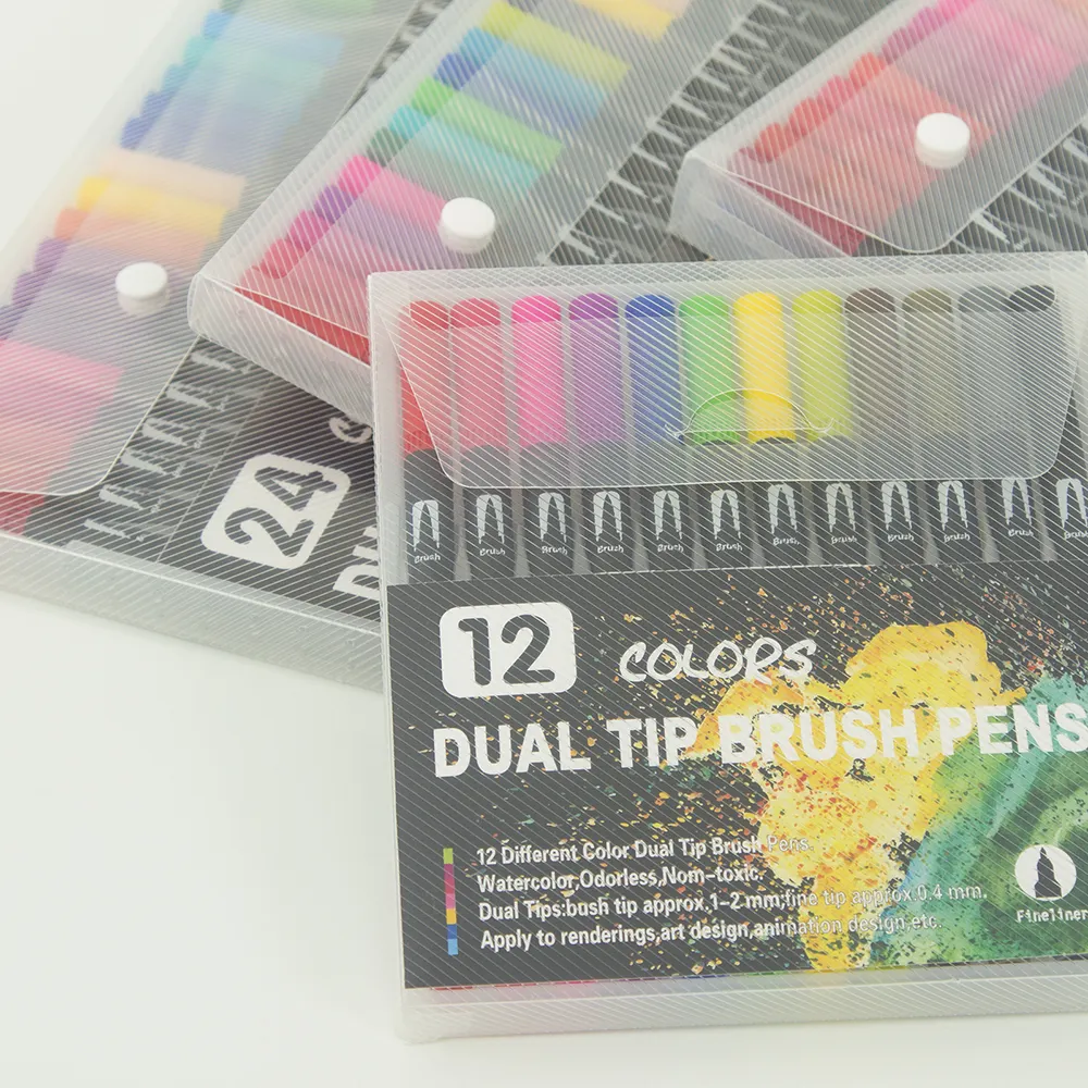 Bolígrafo de doble pincel para hacer arte con paquete de PP, conjunto de papelería escolar, proveedor de arte para adultos, 12/24/36 colores