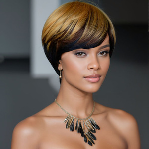 Perruque courte noire de style pixie pour femmes, sans colle, entièrement fabriquée à la machine, livraison rapide, coupe dégradée, franges, perruque en <span class=keywords><strong>cheveux</strong></span> humains - Product Image 1