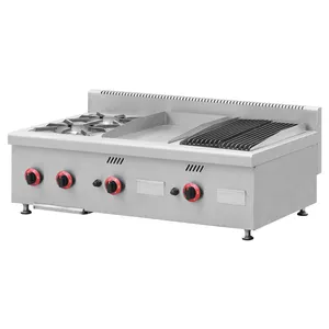 餐厅厨房设备商用不锈钢台面燃气灶2燃烧器，带烤架和熔岩烤架
