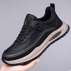 Chaussures en cuir décontractées et sportives pour hommes, à semelle épaisse, style chunky, pour les loisirs, noir kaki - Product Image 1