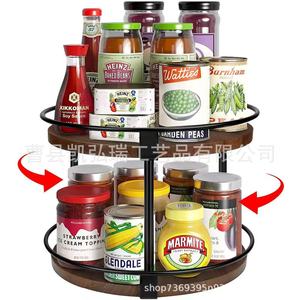 Wooden kitchen <b>spice</b> <b>rack</b>, <b>rotating</b> desktop <b>spice</b> storage <b>rack</b>, double-layer wooden household sundry organizer. - Product Image 1