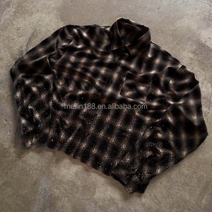 Chemises à carreaux en flanelle lavée avec strass, style vintage, à manches longues, personnalisées, design mode, grammage lourd - Product Image 3