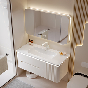 Modern Bathroom Vanity with Seamless Integrated Sink LED Mirror Cabinet Luxury Bathroom Cabinets - Product Image 1