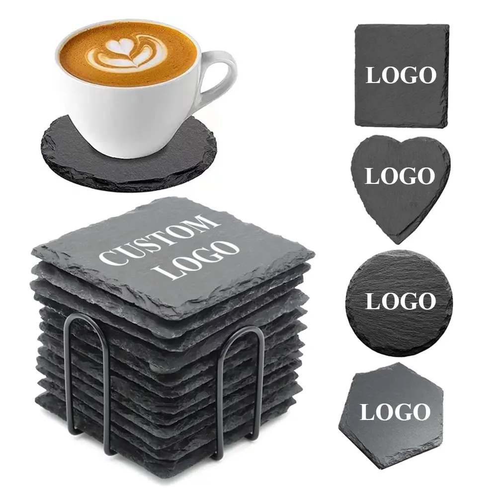 Wholesale Non-Slip Cup Mat Slate Coasters with Engraving Logo Drink Coasters Stone Slate Coasters Custom Logo Round Blank Gift B