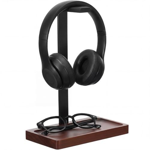 Walnut Wood Headset Holder, Desktop Headphone Stand, Universal Headphone Holder with Storage Base for Gaming
