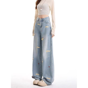 Jeans de Mujer, Primavera, Azul Claro, Cintura Alta, Holgados, Rectos, Bordado 3D, Pierna Ancha, Lavado Desgastado, Diseño de Dachshund - Product Image 3