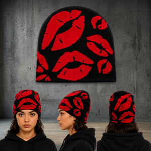 Gorro de Invierno Negro de Punto Jacquard con Estampado de Labios Rojos y Detalles de Diamantes de Imitación, Ajuste Elástico Suave, Estilo Y2K, Personalizable - Product Image 3