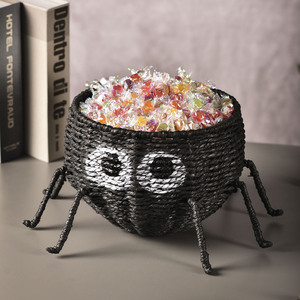 Boîte de rangement pour bonbons d'Halloween en forme d'araignée, panier noir tressé fait main, décoration intérieure, forme ronde, type sur pied - Product Image 1