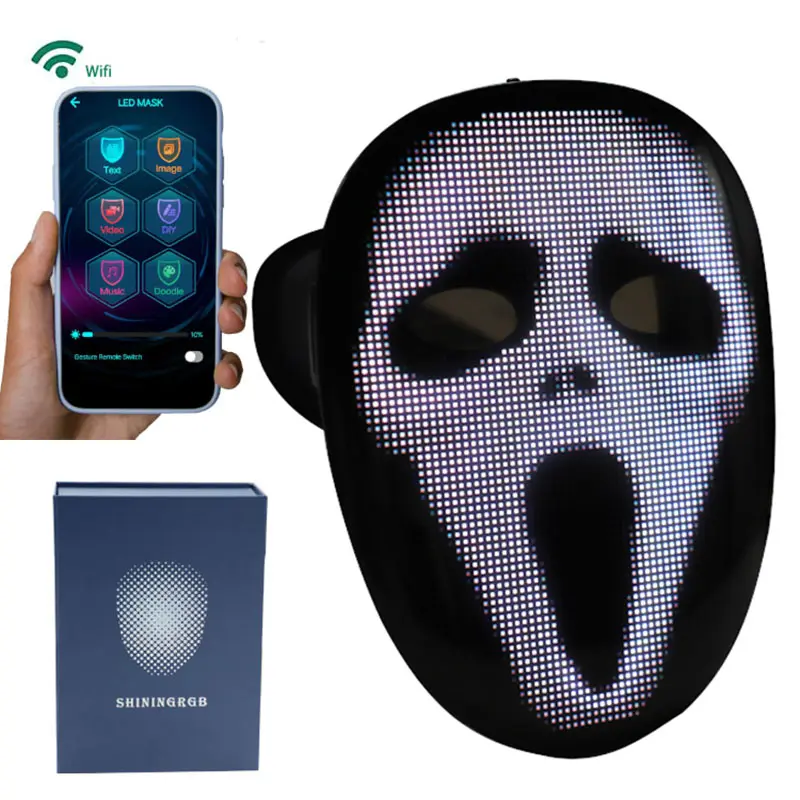 Máscara de Halloween com Wi-Fi Bluetooth programável para festas e máscaras de LED com sensor de gestos