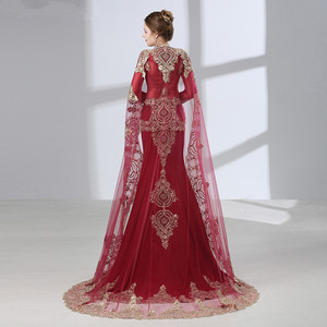 Vino di lusso rosso manica lunga musulmana Dubai Kaftans Pakistani abito da sera abito a sirena in pizzo dorato <span class=keywords><strong>con</strong></span> lungo scialle staccabile - Product Image 2