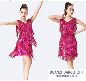 Vestido de baile latino sin mangas para mujer, traje con cuello de pico, lentejuelas brillantes, borlas, flecos, para salón, Samba, Tango - Product Image 3