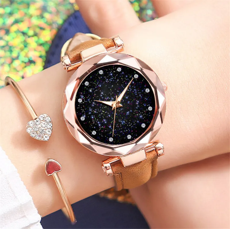 WJ-9378 Star Flash-reloj con correa de cuero para mujer, pulsera de cuarzo para chicas, venta al por mayor