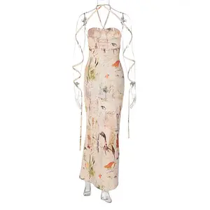 패션 랩 가슴 타이 업 홀터 슬림하고 긴 인쇄 된 네이티 섹시한 끈이없는 슬립 드레스