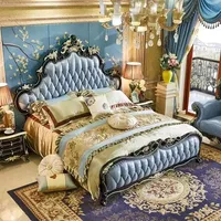 Cama King de Lujo Estilo Princesa Real Tallada en Madera Maciza Europea para el Hogar y Hotel