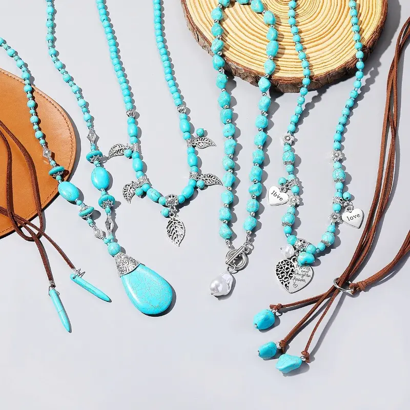 Pendentif en perles européennes et américaines Collier rétro en turquoise Collier turquoise de style ethnique bohème pour femmes