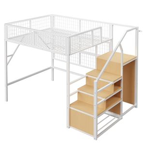 <span class=keywords><strong>Lit</strong></span> <span class=keywords><strong>mezzanine</strong></span> moderne DNF 140x200cm <span class=keywords><strong>avec</strong></span> bande LED, échelle de <span class=keywords><strong>rangement</strong></span>, étagères ouvertes <span class=keywords><strong>et</strong></span> espace sous le <span class=keywords><strong>lit</strong></span> pour enfants <span class=keywords><strong>et</strong></span> adolescents, blanc (sans matelas) - Product Image 4