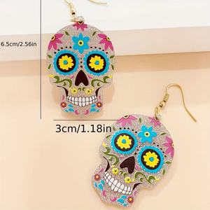 Giorno dei morti orecchini pendenti, fiori di zucchero teschio orecchini in acrilico con Glitter dorato per le donne orecchini di Halloween - Product Image 4