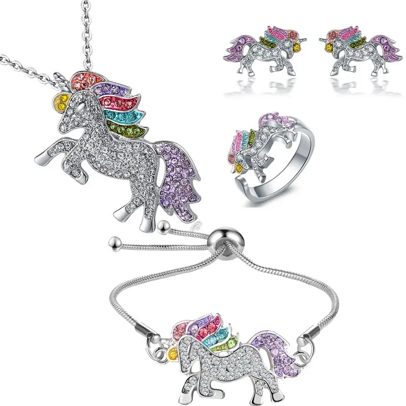 Rainbow Unicorn Pendant Charm Bracelet Colorful Rhinestone Zircon Crystal Earring Necklace Ring Bracelet Set