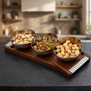 Nordic Wooden Serving Tray Stainless Steel <b>Snack</b> <b>Bowl</b> Set Decorative Dry Fruit Nut Serving Platter for Home Party - Product Image 4