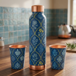 Premium Handcrafted Copper <b>Water</b> <b>Bottle</b> with 2 Matching Copper <b>Glasses</b> Blue Floral Printed Design Traditional Indian Drinkware - Product Image 6
