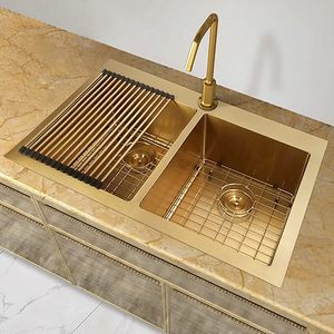 Thương mại <span class=keywords><strong>handmade</strong></span> 304 thép không gỉ bồn rửa nhà bếp với vàng đôi Bát vòi hình vuông đôi bát phong cách chìm - Product Image 5