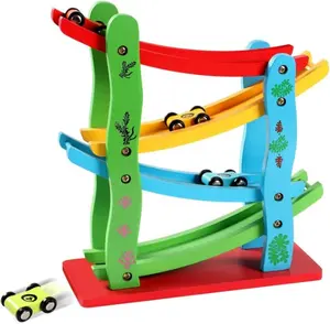 Bằng gỗ xe đoạn đường nối Racer đồ chơi, đua theo dõi xe trò chơi với 4 tay đua nhỏ, Tabletop Montessori đồ chơi cho trẻ em trai cô gái Quà Tặng