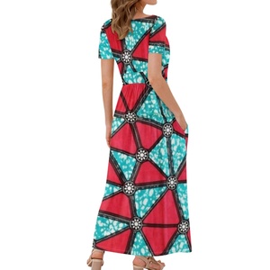 Vendita calda disegno geometrico su misura abiti <span class=keywords><strong>lunghi</strong></span> a <span class=keywords><strong>maniche</strong></span> <span class=keywords><strong>corte</strong></span> africano stampa cera abiti da donna per occasioni speciali - Product Image 5