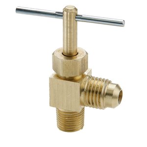 Parker <b>Needle</b> <b>Valve</b> Brass 3/8 In Flare To 1/4 In Male Pipe 90 Degree Elbow With Lever Handle For Liquid Control - Product Image 1