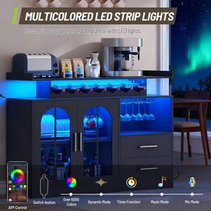 Meuble Bar Moderne <span class=keywords><strong>Noir</strong></span> avec Éclairage LED, Portes en Verre Cintrées, Casier à Vin et Buffet de Rangement pour Bar à Domicile ou Salle à Manger - Product Image 3