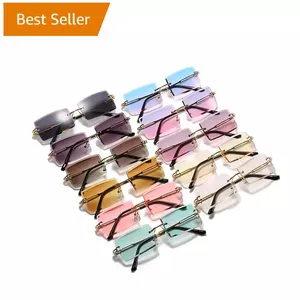 2022 Cheap Designer Vendors Womens Pink Metal Small Rimless Rectangle Square Frames Shades Sun Glasses Sunglasses
