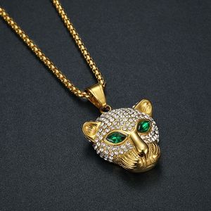 Yunnique – collier avec pendentif tête de léopard en acier inoxydable, avec yeux verts, serti pavé, bijoux unisexes pour fête, accessoire de mode - Product Image 4