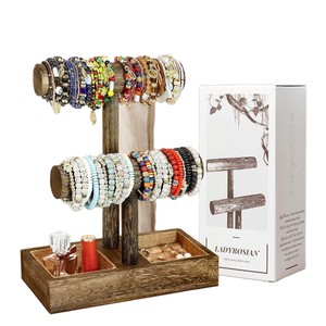 Organizador de joyas de madera de 2 niveles con barra en T, soporte para pulseras con compartimento y soporte acolchado para anillos para almacenamiento en escritorio. - Product Image 5