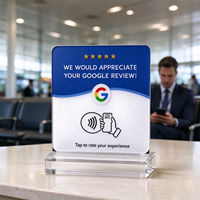 Plaque NFC Google Tap Review en acrylique transparente 12x12cm, support de table, puce NTAG213, sans adhésif au dos, pour carte de visite, usage hôtelier, 5 étoiles