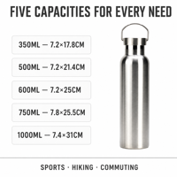 Bouteille d'eau sport légère en acier inoxydable avec couvercle à poignée de transport, récipient portable en métal pour boissons, idéale pour le camping en extérieur