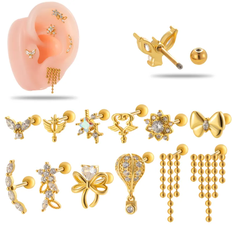 HENGSEN kubischer Zirkonia-Blume-Bogenknoten Ohr-Knorpel-Stift-Ohrringe Schraube hinten Edelstahl-Helix-Piercing-Schmuck