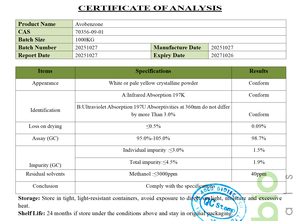 Avobenzone <span class=keywords><strong>polvere</strong></span> 98%-filtro UV-A di grado cosmetico per formulazioni di protezione solare - Product Image 2