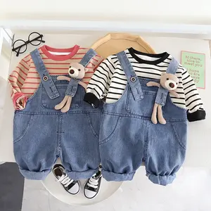 Toddler New arrivals 2024 trẻ em Tracksuit thiết lập dài tay áo sọc in áo 3D GẤU denim yếm 2pcs bé trai quần áo