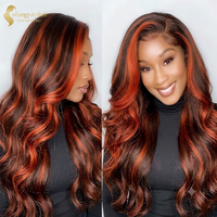 Peluca frontal de encaje HD 13x6 al por mayor, cabello humano virgen vietnamita, onda corporal, color ombré con reflejos, sin pegamento, pre-arrancada, línea de cabello natural