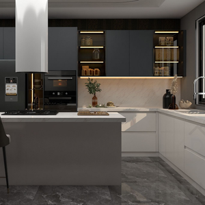 Meubles de cuisine contemporains avec îlot, armoires en bois mat et blanc brillant, plan de travail en quartz, meubles pour la maison - Product Image 4