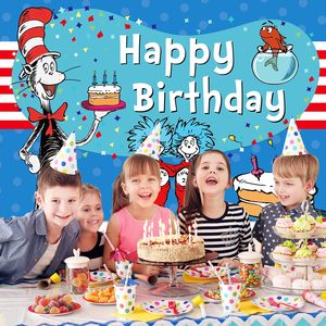 Décorations de fête d'anniversaire <span class=keywords><strong>Dr</strong></span> Seu, bannière de <span class=keywords><strong>fond</strong></span> bleue Joyeux Anniversaire, décorations de chat, bannière de <span class=keywords><strong>fond</strong></span>, accessoires de photomaton - Product Image 4