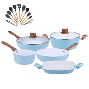 16 Pieces Kitchen Ware Nonstick White And Blue Marble Cooking Utensil Set Non Stick Ceramic Cookware And Pots Set