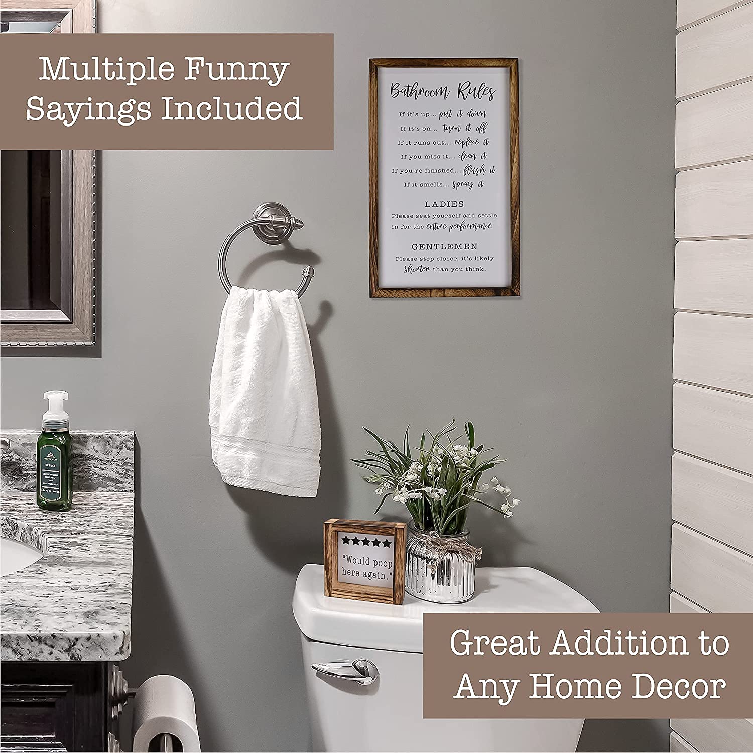 Set di decorazioni da parete per il bagno in stile rustico con insegne divertenti con regole e 8 frasi intercambiabili, accessori rustici per la casa di campagna