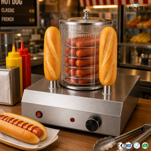 Máquina para hacer hot dogs de acero inoxidable 201 con 2 puntas para tostar y 30-85 [unidades/posibles valores, como por ejemplo, unidades de tiempo, pero no se menciona en el texto original] ° Termostato C para Restaurantes y Puestos de Comida - Product Image 1