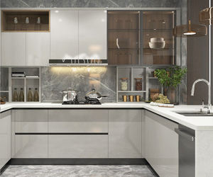 Custom High Gloss Wooden Modular Modern Shaker Style Luxury <b>White</b> Solid Wood Kitchen <b>Cabinet</b> with Island Villa Furniture Set - Product Image 6