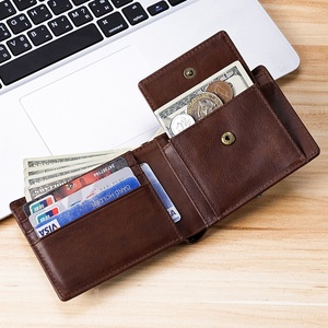 Top-Layer Oil Wax Genuine Leather Men's Short <b>Wallet</b> <b>RFID</b> Anti-Degaussing Multiple Card Slots Coin Pocket Vintage Striped - Product Image 3