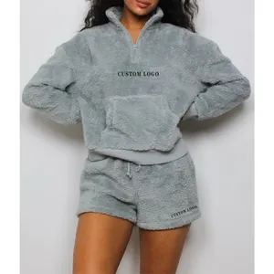 Oem Fabrikant Fall Winter Loungewear Bijpassende Sets Teddy Lounge Wear Fuzzy Fluffy Twee 2 Stuk Vrouwen Truien En Shorts Set