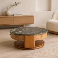 Table basse ronde en marbre vert, corps en bois de burl avec tiroirs, bouton doré, mobilier de salon de luxe de style moderne du milieu du siècle
