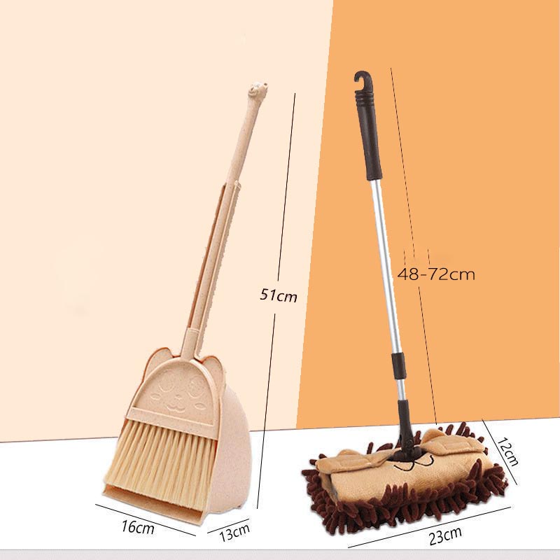 Pink broom dustpan and brown mop