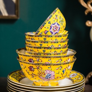 Vaisselle en porcelaine de Jingdezhen, nouveau style chinois, en porcelaine osseuse, émail jaune impérial, service d'assiettes et de bols, avec bordure Phnom Penh - Product Image 4